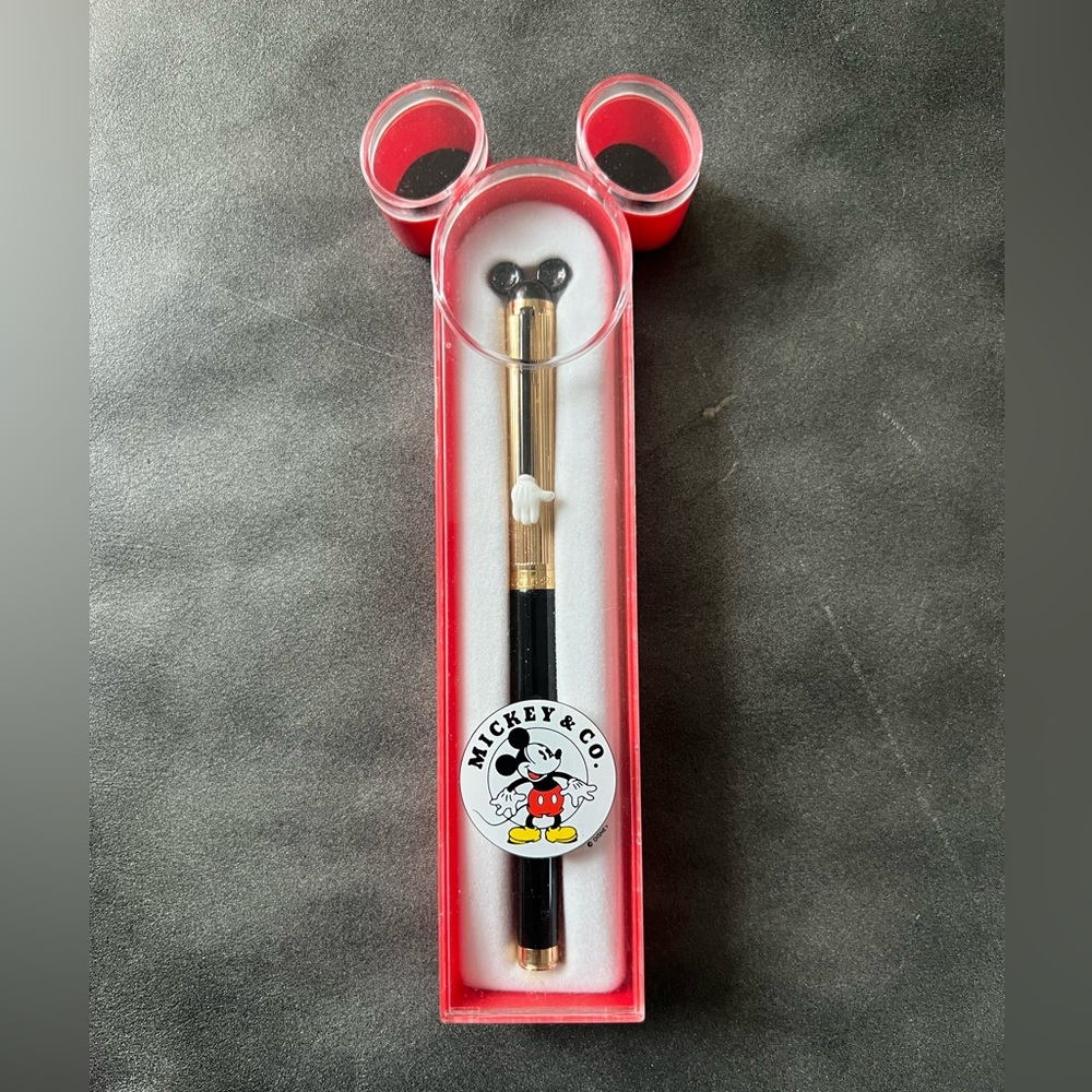 Vtg Disney Mickey Mouse Colibri Ballpoint Pen. Gold and Black in case.